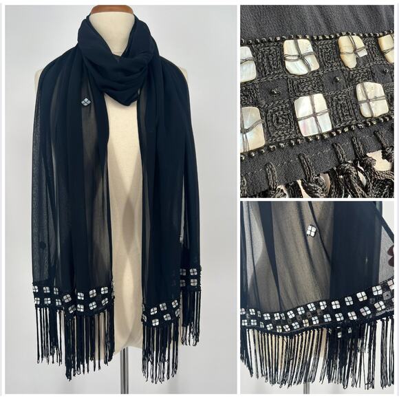 Sheer Black Embellished Shawl Wrap Seashell Glass Beaded Fringe Scarf Bohemian - Picture 1 of 7